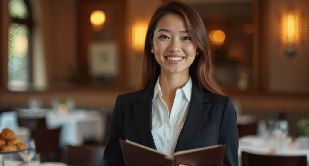 Maitre d'hotel souriante accueillant les clients dans la salle de restauration.