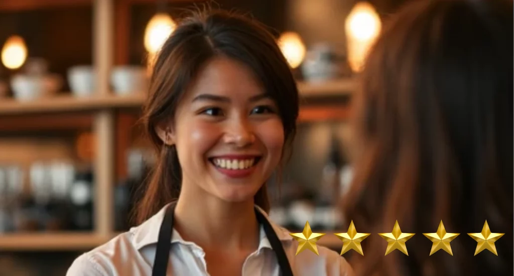 Jeune hôtesse recevant sa clientèle avec un accueil chaleur et professionnal pour déclencher des avis positifs sur google grâce à la formation de Recherche-Riviera
