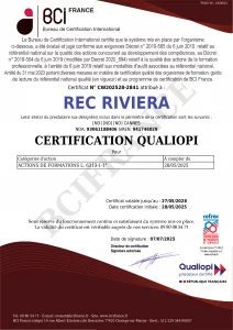 Certificat Qualiopi délivré à Rec-Riviera pour la période du 27/05/2025 au 27/05/2028