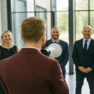 manager avec un mégaphone parlant avec son équipe