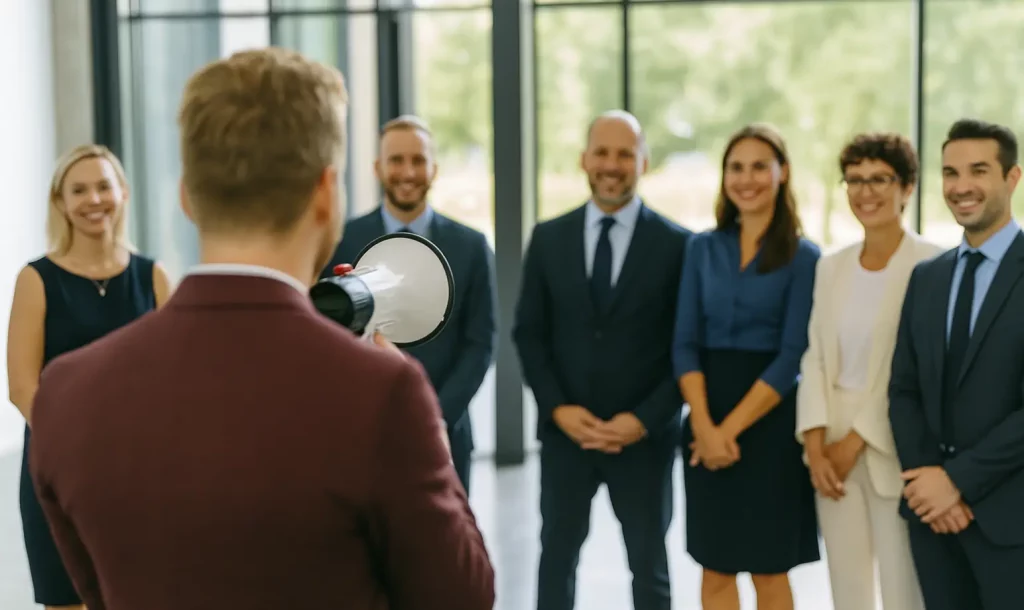 Groupe de professionnels écoutant un manager entrain de parler avec un mégaphone