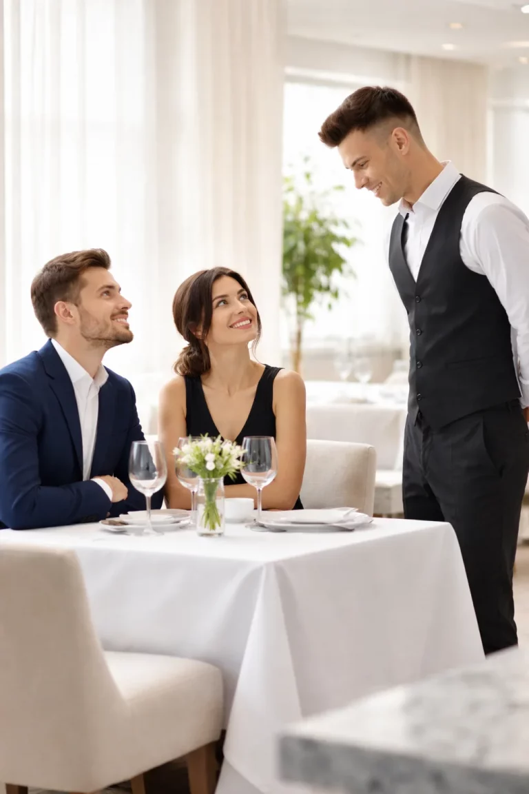 Serveur en salle échangeant avec des clients internationaux dans un restaurant – formation Service Class en anglais du service