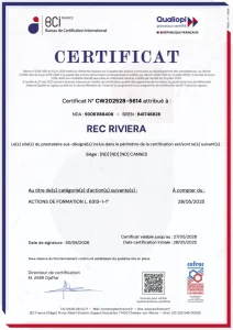 Certificat Qualiopi pour l'organisme de Formation REC Riviera à Cannes, délivré par BCI France, valable de mai 2025 à mai 2028